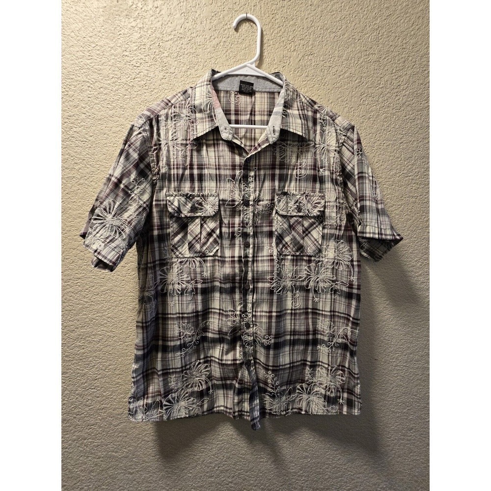 Vese Mens Shirt L Embroidered Button Up Plaid Stitched Floral Design